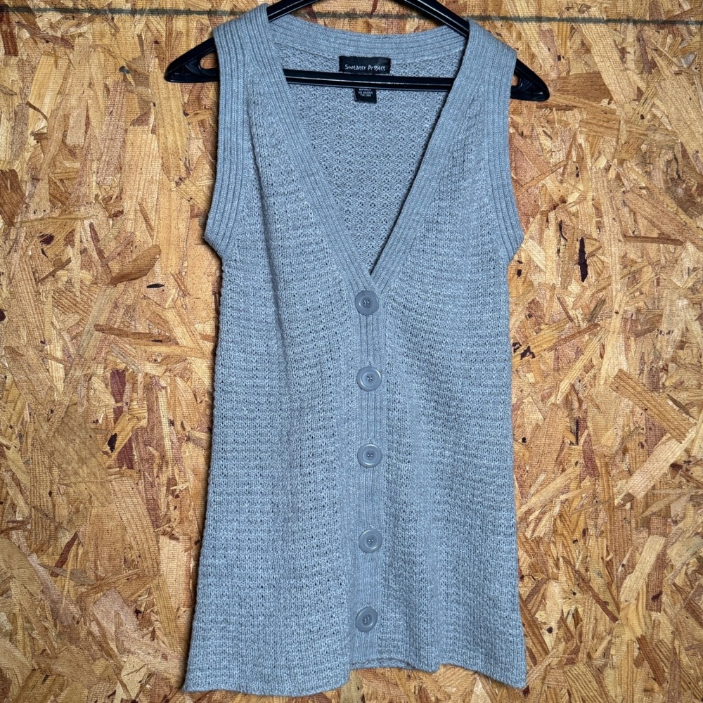 Sweater Project Gray Acrylic Knit Sleeveless Tunic Cardigan Button Vest Small